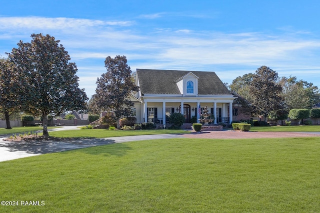 cape cod home featuring a front yard and a porch