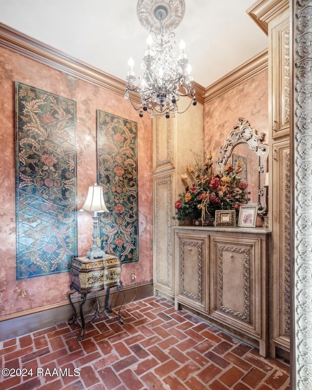 107 Western Ln, Lafayette, LA 70507 - foyer entrance with brick flooring, a chandelier, and ornamental molding