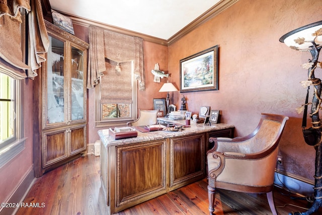 office featuring ornamental molding and dark wood-type flooring