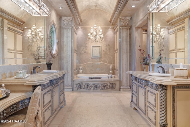 bathroom featuring tile patterned floors, vanity, ornamental molding, and a bath