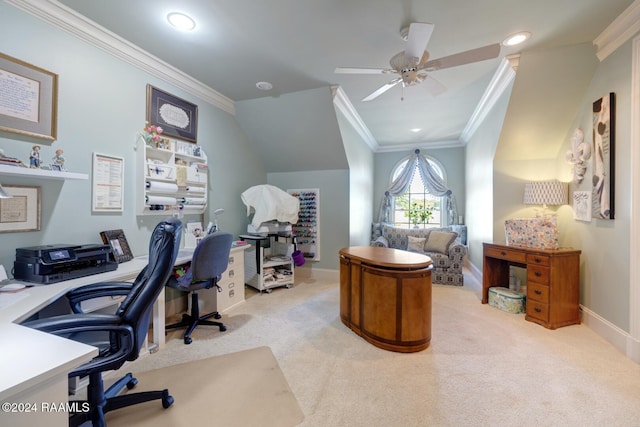107 Western Ln, Lafayette, LA 70507 - office area featuring crown molding, light carpet, a ceiling fan, baseboards, and recessed lighting