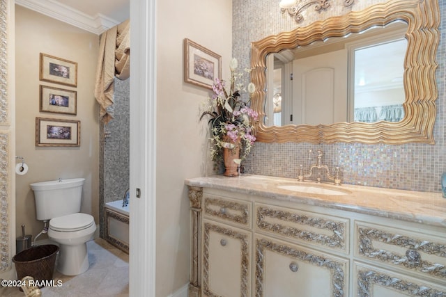107 Western Ln, Lafayette, LA 70507 - full bath with vanity, toilet, tasteful backsplash, and crown molding