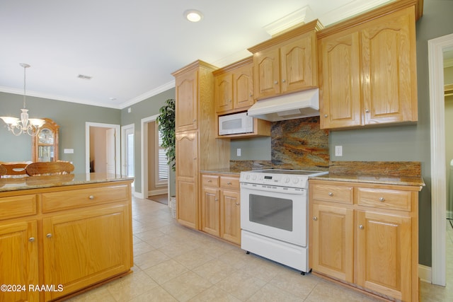 kitchen with light stone countertops, white appliances, crown molding, decorative light fixtures, and a chandelier