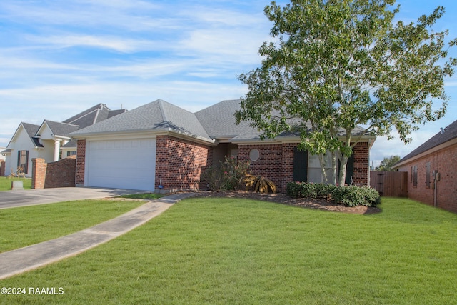 ranch-style house with a front lawn and a garage