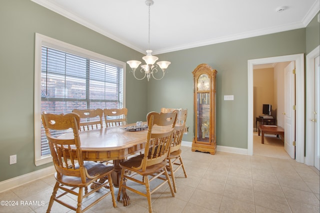 tiled dining area with an inviting chandelier and crown molding