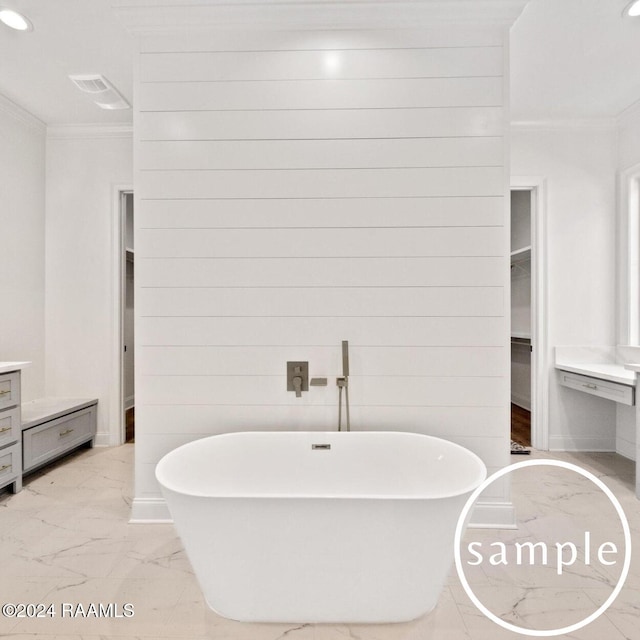 bathroom featuring a washtub, vanity, ornamental molding, and wood walls