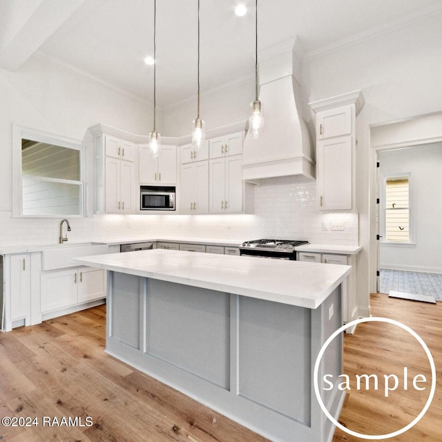 kitchen with appliances with stainless steel finishes, light hardwood / wood-style floors, and white cabinetry