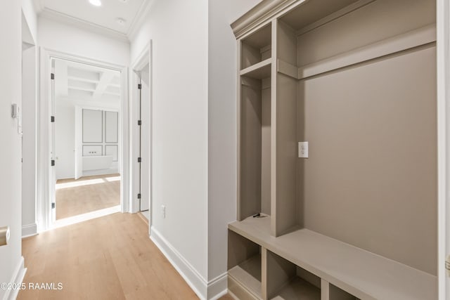 407 Sunshine Rise Dr, Broussard, LA 70518 - mudroom featuring ornamental molding, light wood-type flooring, coffered ceiling, recessed lighting, and beam ceiling
