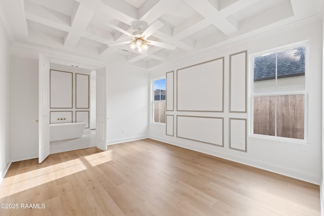 407 Sunshine Rise Dr, Broussard, LA 70518 - unfurnished bedroom featuring multiple windows, coffered ceiling, light wood-type flooring, beam ceiling, and ceiling fan