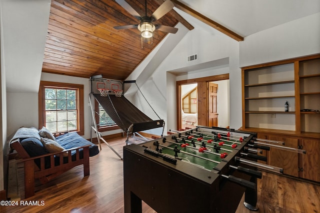 193A Notre Reve Ln, Arnaudville, LA 70512 - rec room featuring ceiling fan, dark wood finished floors, beamed ceiling, and high vaulted ceiling
