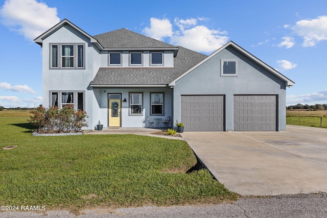 view of front of home with a front lawn, covered porch, and a garage