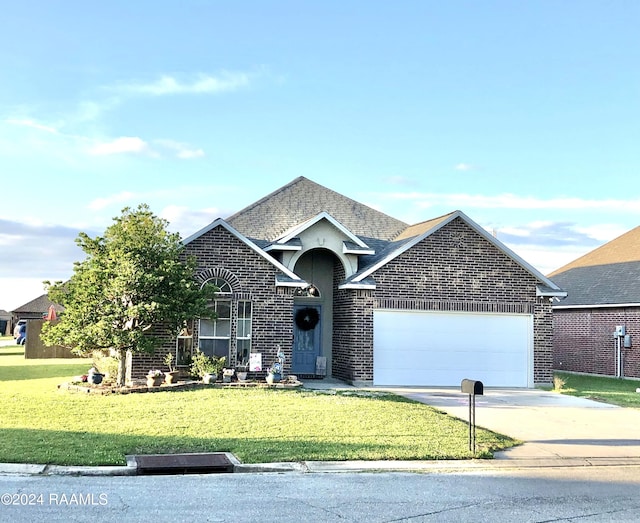 front facade featuring a front lawn and a garage