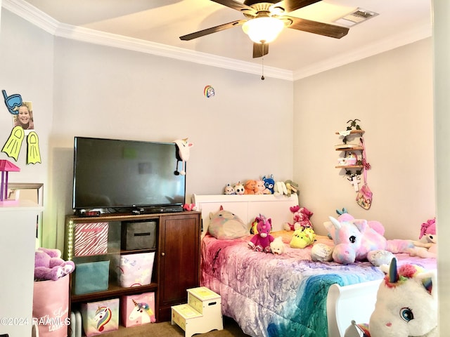 bedroom with ceiling fan and crown molding