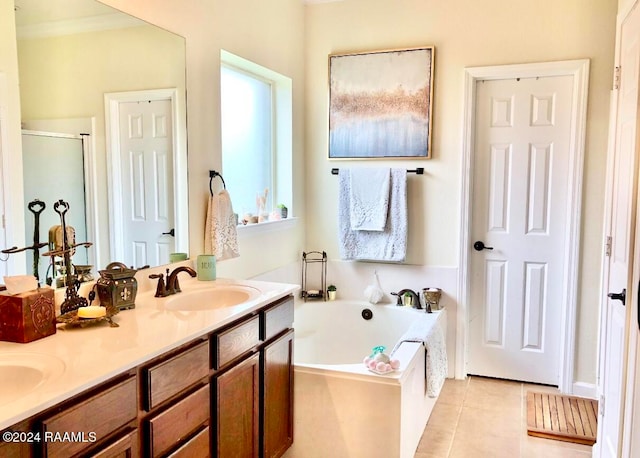 bathroom with plus walk in shower, tile patterned flooring, vanity, and ornamental molding