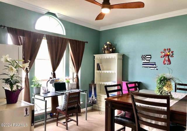 office area featuring ornamental molding, ceiling fan, a healthy amount of sunlight, and light tile patterned flooring