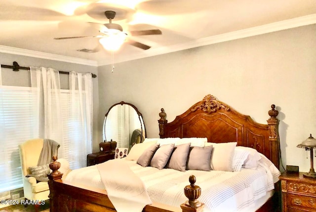 bedroom featuring ceiling fan and crown molding