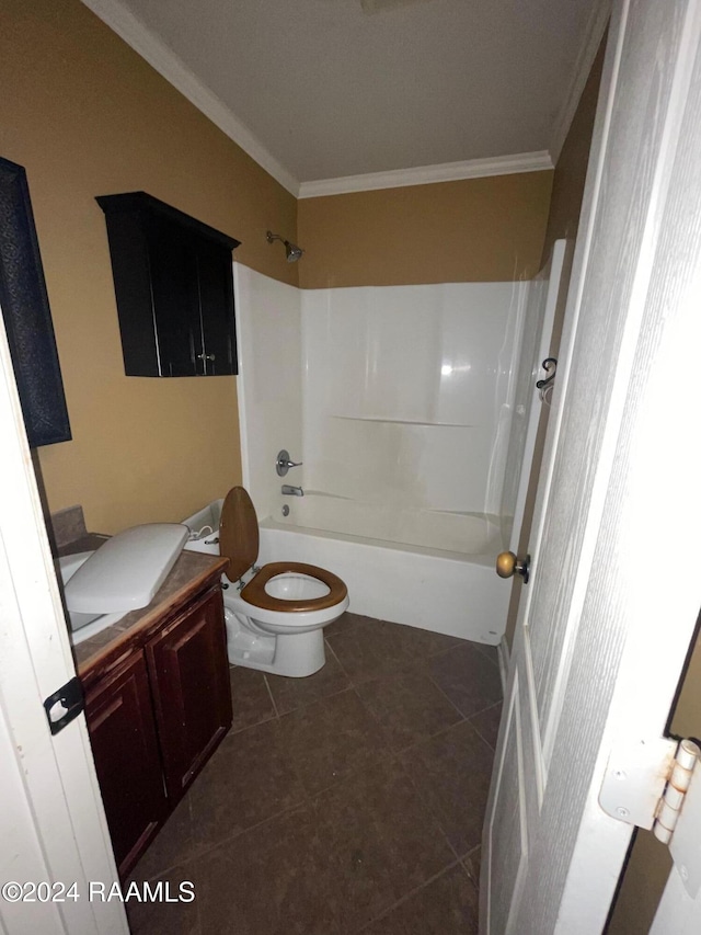 full bathroom with tile patterned flooring,  shower combination, toilet, and ornamental molding