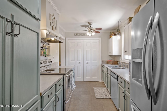 kitchen with white cabinets, sink, ceiling fan, ornamental molding, and appliances with stainless steel finishes