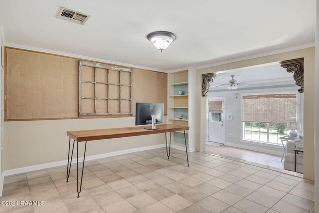 103 Brookside Dr, Lafayette, LA 70506 - office area with crown molding, ceiling fan, and built in shelves