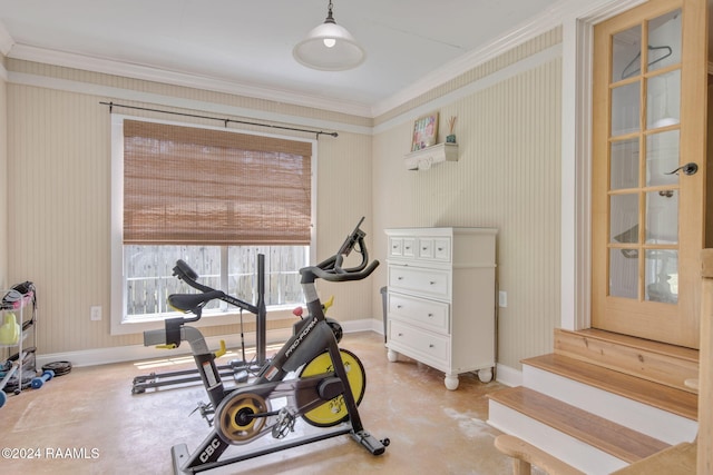 exercise area with crown molding