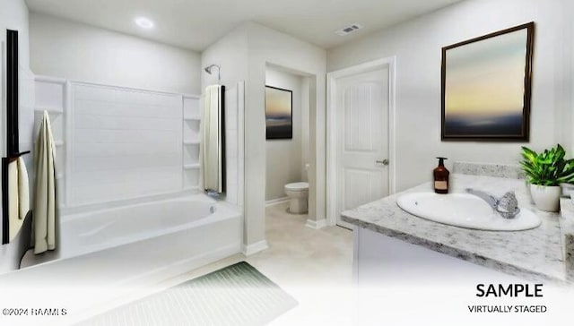 full bathroom with vanity, tub / shower combination, and toilet