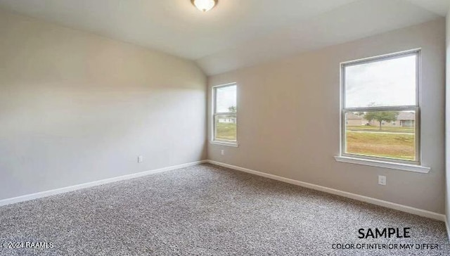 carpeted spare room featuring plenty of natural light and lofted ceiling