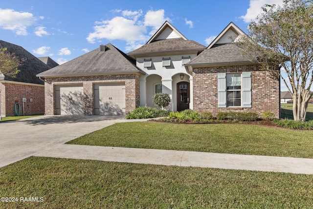 view of front facade with a garage and a front lawn