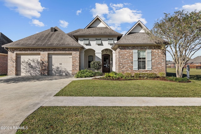 view of front of house featuring a garage and a front lawn