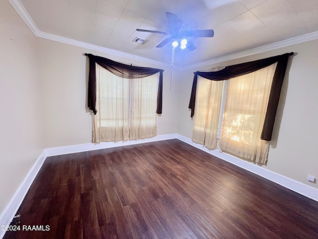 empty room with hardwood / wood-style flooring, ceiling fan, and ornamental molding