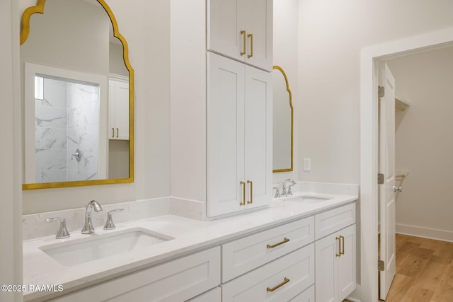 bathroom featuring wood-type flooring, a shower, and vanity