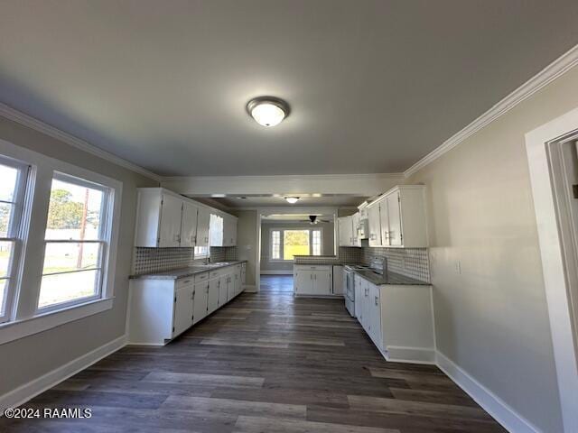 kitchen with white cabinets, ornamental molding, backsplash, and dark wood-type flooring