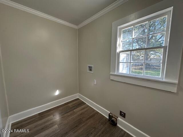 clothes washing area with hookup for an electric dryer, washer hookup, dark hardwood / wood-style flooring, and crown molding