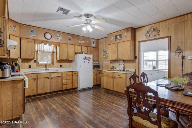 kitchen with sink, white fridge, ceiling fan, wood walls, and dark hardwood / wood-style floors