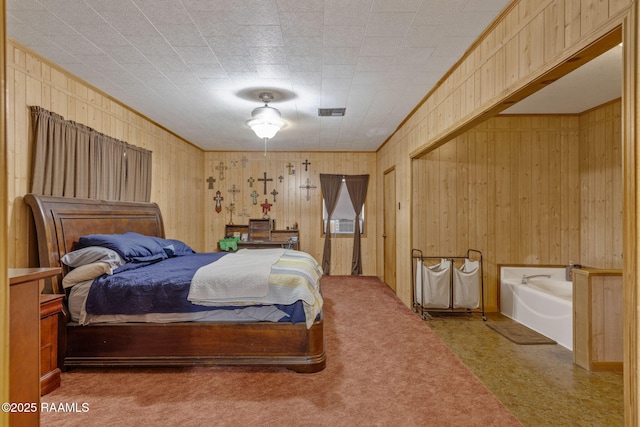 bedroom with wood walls, cooling unit, and carpet