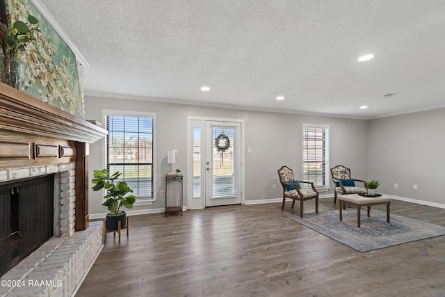 living area with a wealth of natural light, a fireplace, and dark wood-type flooring