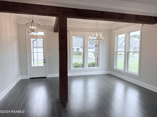 foyer with beam ceiling, dark hardwood / wood-style flooring, and a chandelier