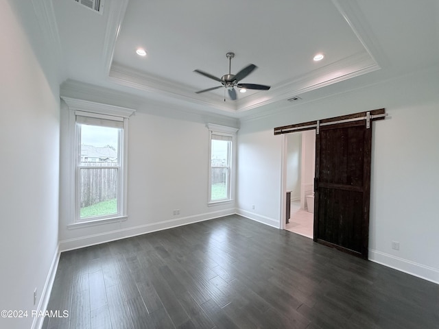 empty room with a barn door, a raised ceiling, and a wealth of natural light