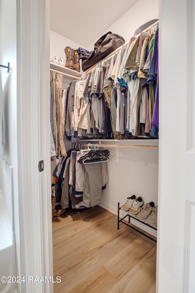 walk in closet with wood-type flooring