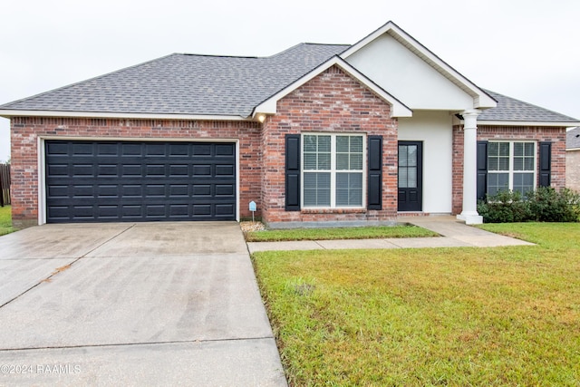 ranch-style house with a garage and a front lawn