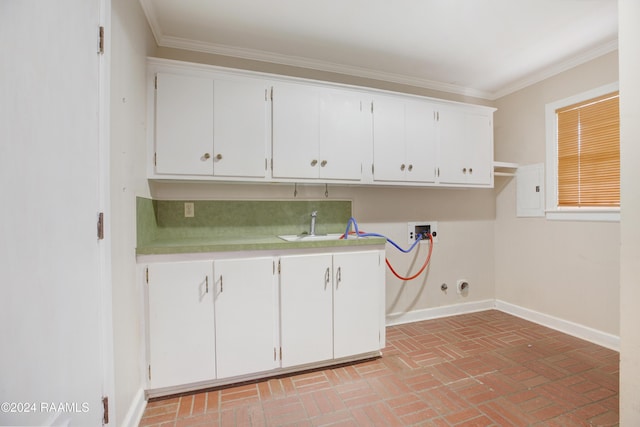 clothes washing area with cabinets, hookup for a washing machine, ornamental molding, sink, and hookup for a gas dryer