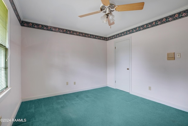 unfurnished room featuring ceiling fan, carpet, and ornamental molding