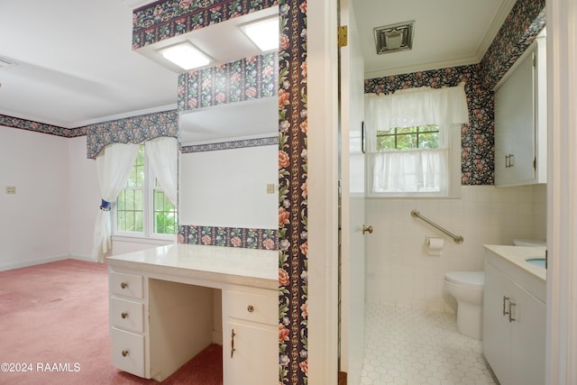 bathroom featuring crown molding, vanity, and toilet