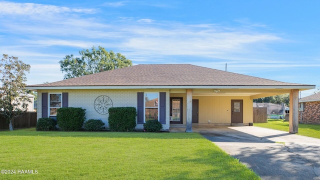 single story home featuring a front yard and a carport