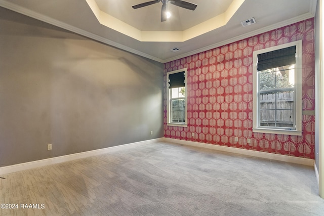 empty room with a tray ceiling, a healthy amount of sunlight, and ornamental molding