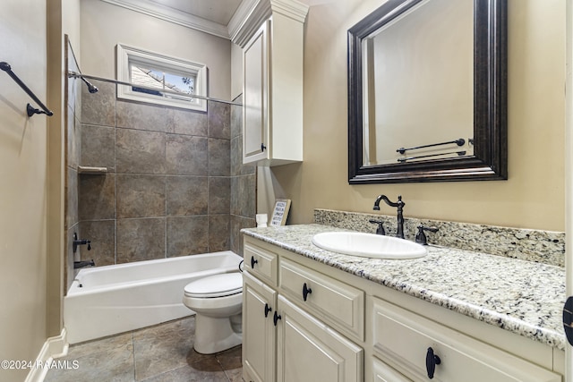 full bathroom with vanity, toilet, tiled shower / bath, and crown molding