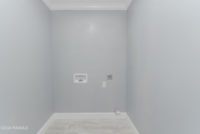 clothes washing area with hookup for an electric dryer, hookup for a washing machine, crown molding, and light tile patterned flooring