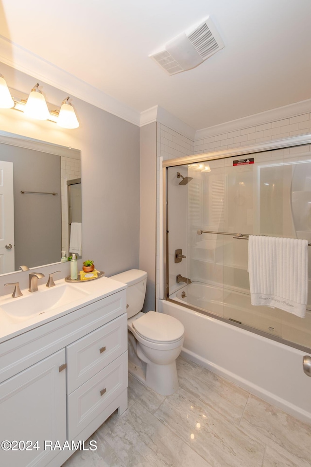 full bathroom with combined bath / shower with glass door, vanity, toilet, and crown molding