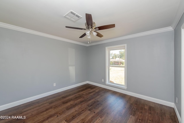 empty room with crown molding, ceiling fan, and dark wood-type flooring