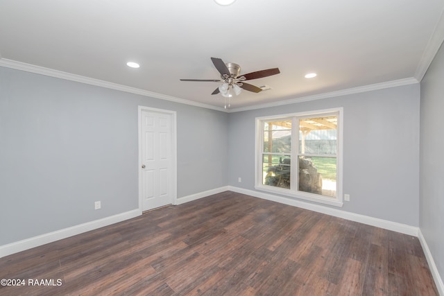 empty room with dark hardwood / wood-style flooring, ceiling fan, and ornamental molding