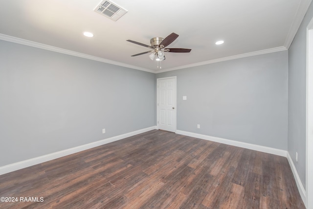 unfurnished room with dark hardwood / wood-style floors, ceiling fan, and crown molding